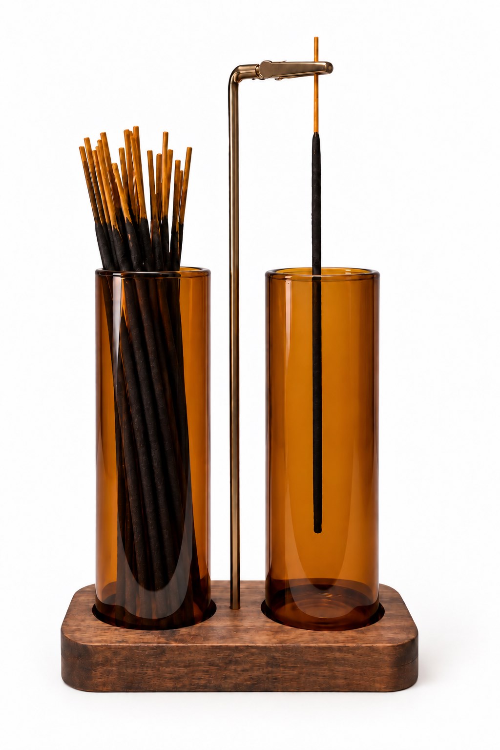 Double amber glass incense holder on a wooden base